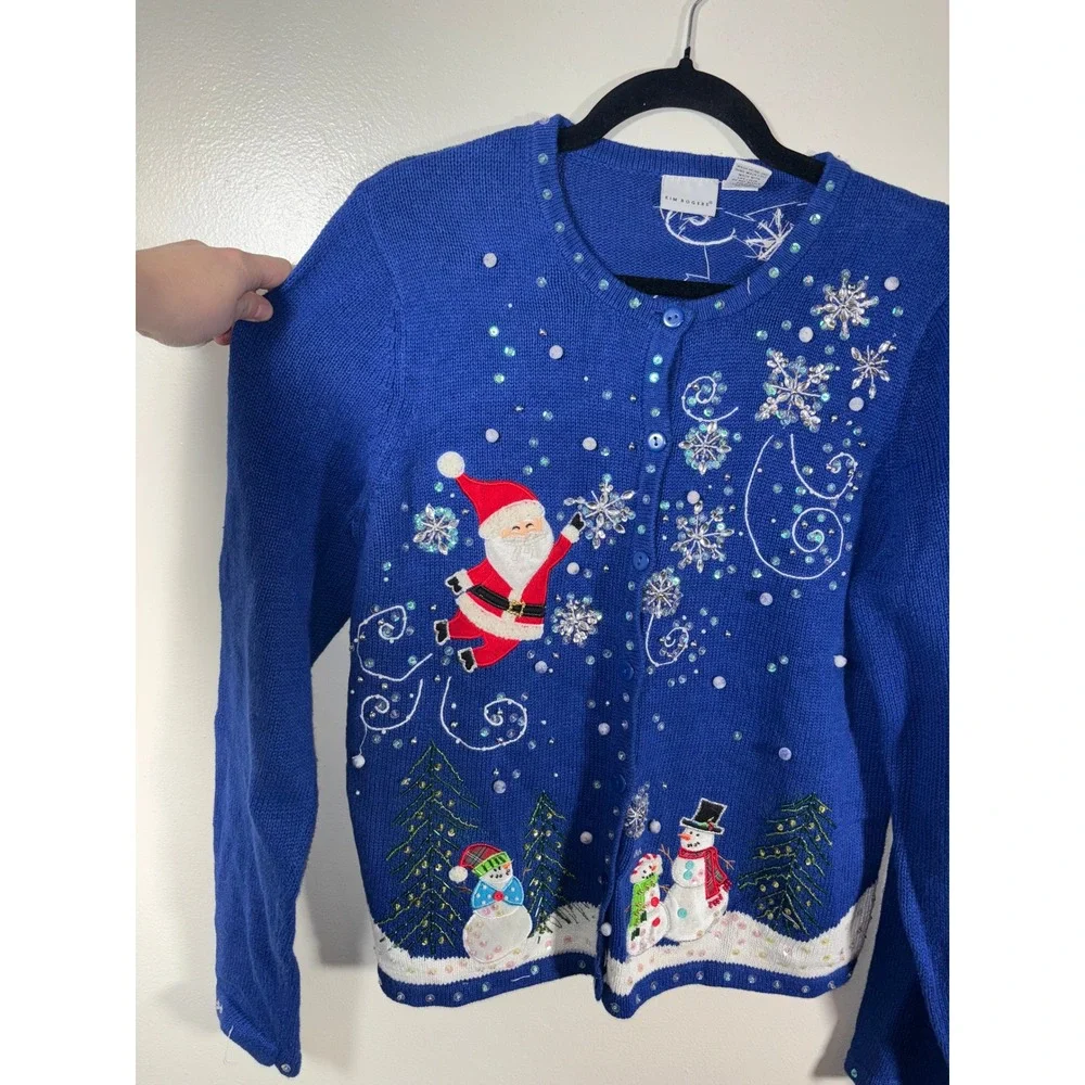 Kim Rogers Christmas Cardigan‎ Women Sz L Blue Santa Snowman Beaded Ugly Sweater